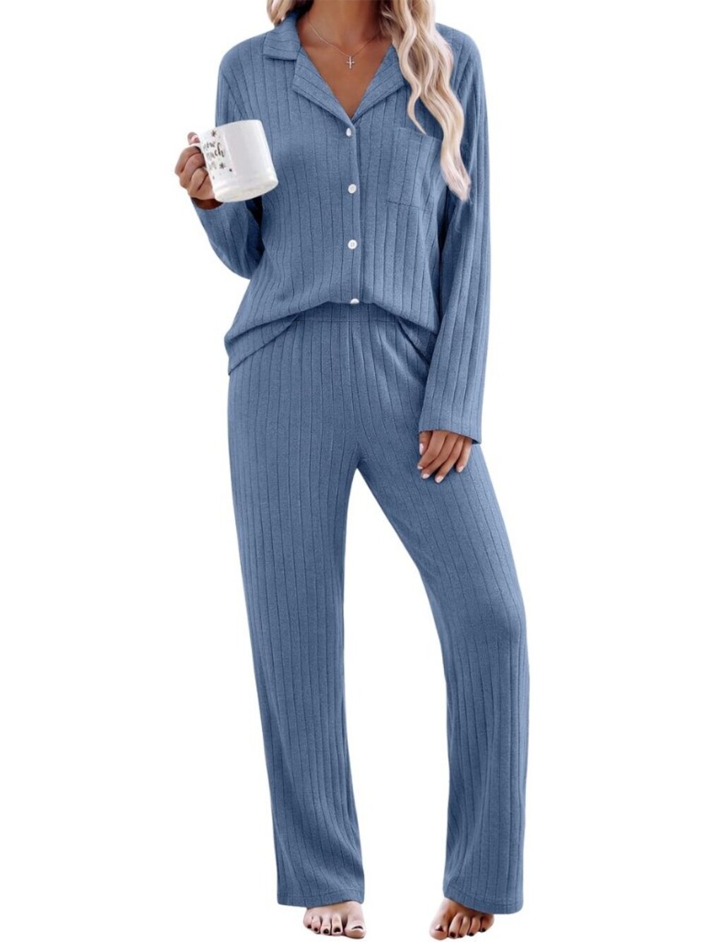 2 Piece Pajamas Sets for Women Long Sleeve Ribbed Knit Loungewear